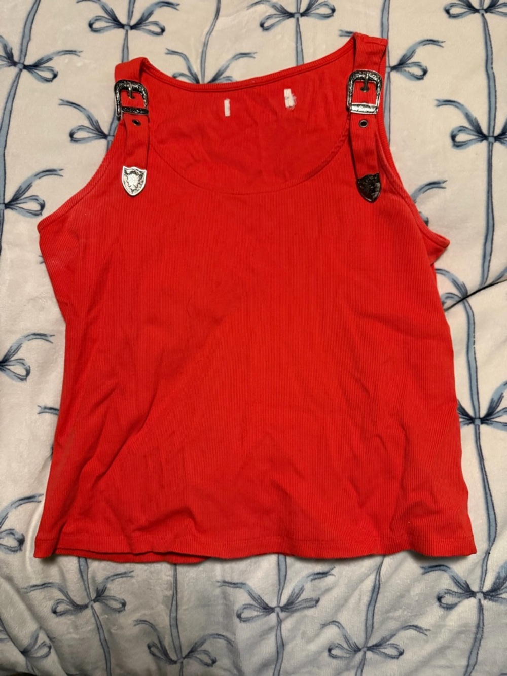 Red Ribbed Tank Top with Buckle Strap Detail